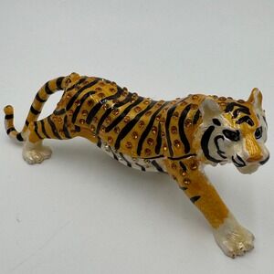Tiger Trinket Box Rhinestone Jeweled Striped Hinged Figurine Gold Tone